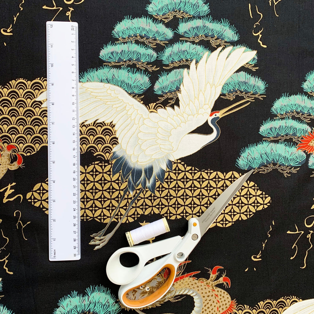 Dragons and cranes fabric (black) – Vintage High Street