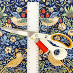 William Morris Strawberry Thief fabric, Art Nouveau blue bird print craft cotton, Morris & Co