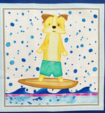 Surfing dogs fabric panels, cotton novelty quilting material